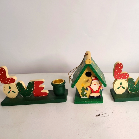 2 - Vintage Wooden LOVE Candle Holder 1- Santa front of house Christmas theme